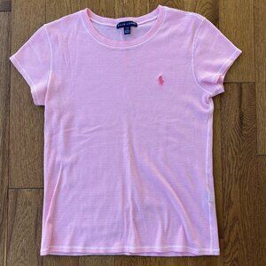 Ralph Lauren Pink Striped Tee Womens L Embroidered Pony Preppy Summer Top